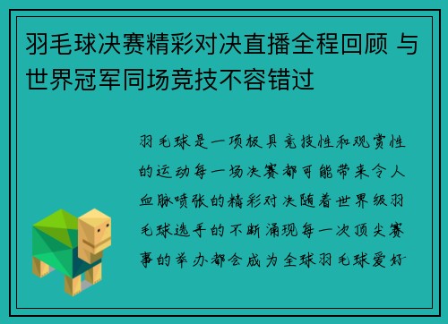 羽毛球决赛精彩对决直播全程回顾 与世界冠军同场竞技不容错过