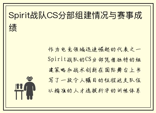 Spirit战队CS分部组建情况与赛事成绩