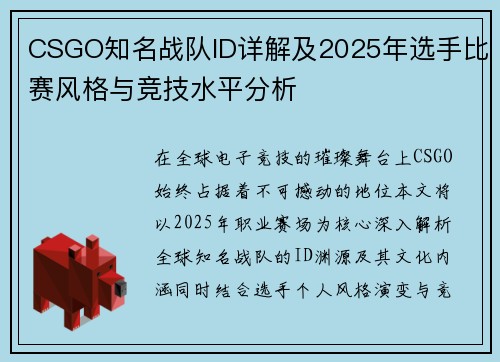 CSGO知名战队ID详解及2025年选手比赛风格与竞技水平分析